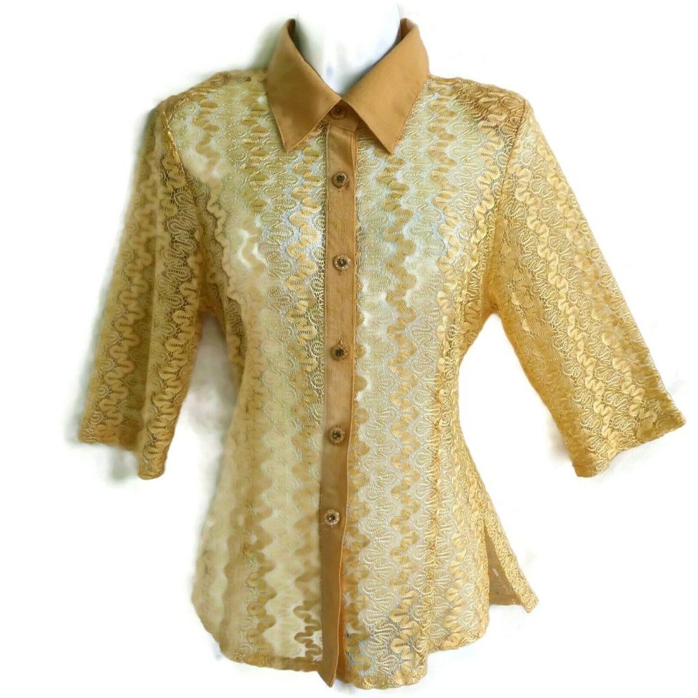 Vintage Cherry Brand Lace Blouse Novelty Buttons Lurex Ric Rac Vents Sheer M